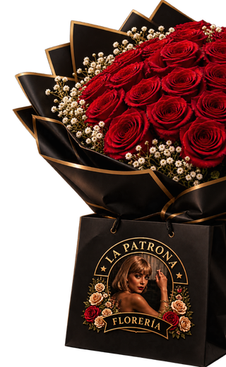 Ramo de rosas rojas y bolsa La Patrona Florería